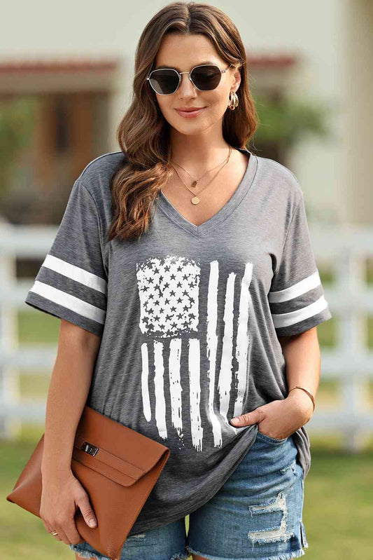 Plus Size US Flag Graphic V-Neck Tee - Trendy by Luna