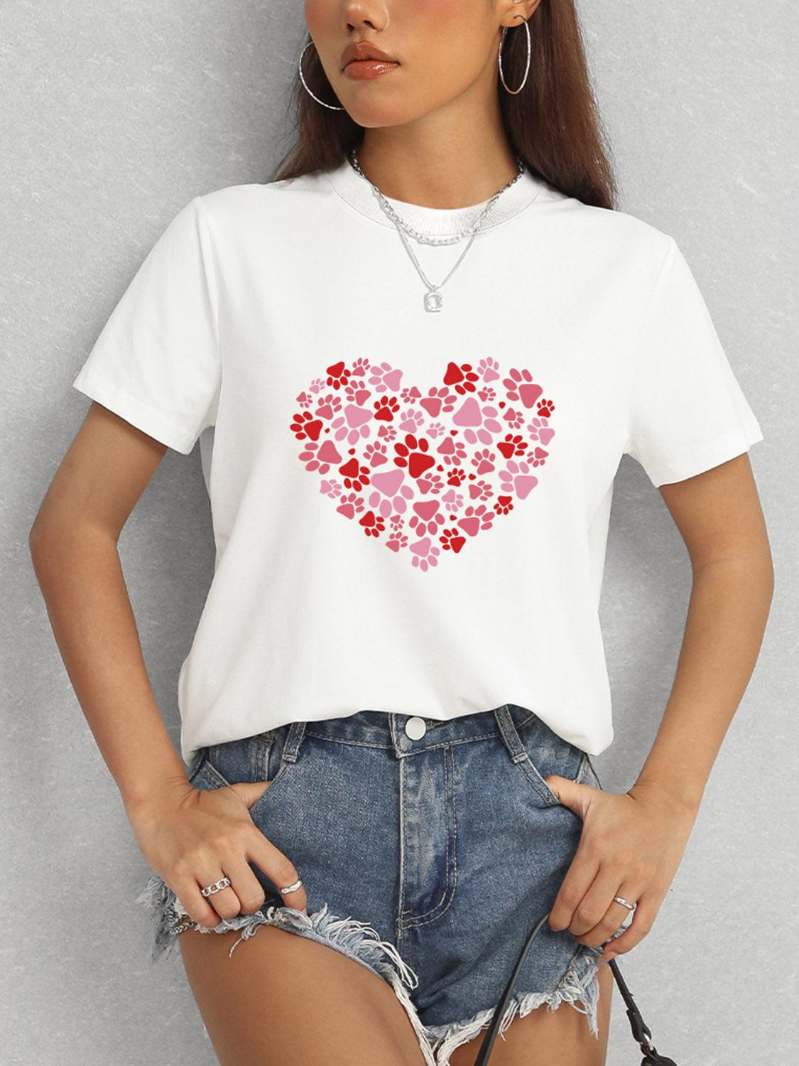 Heart Round Neck Short Sleeve T-Shirt - Trendy by Luna