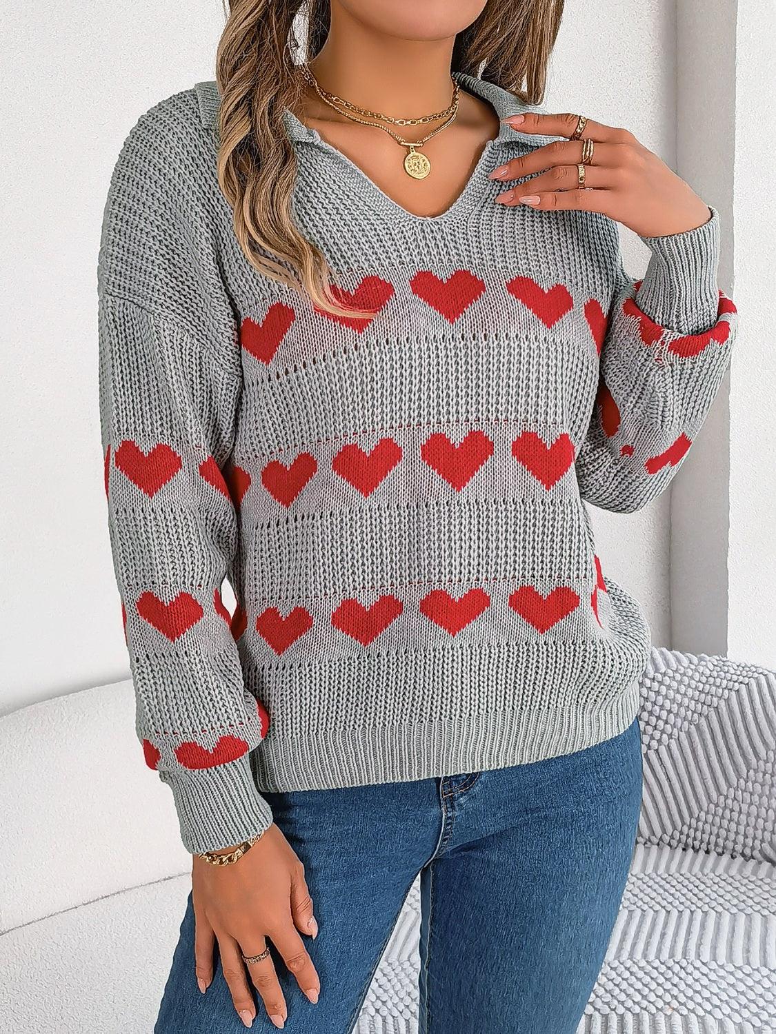 Heart Johnny Collar Long Sleeve Sweater - Trendy by Luna