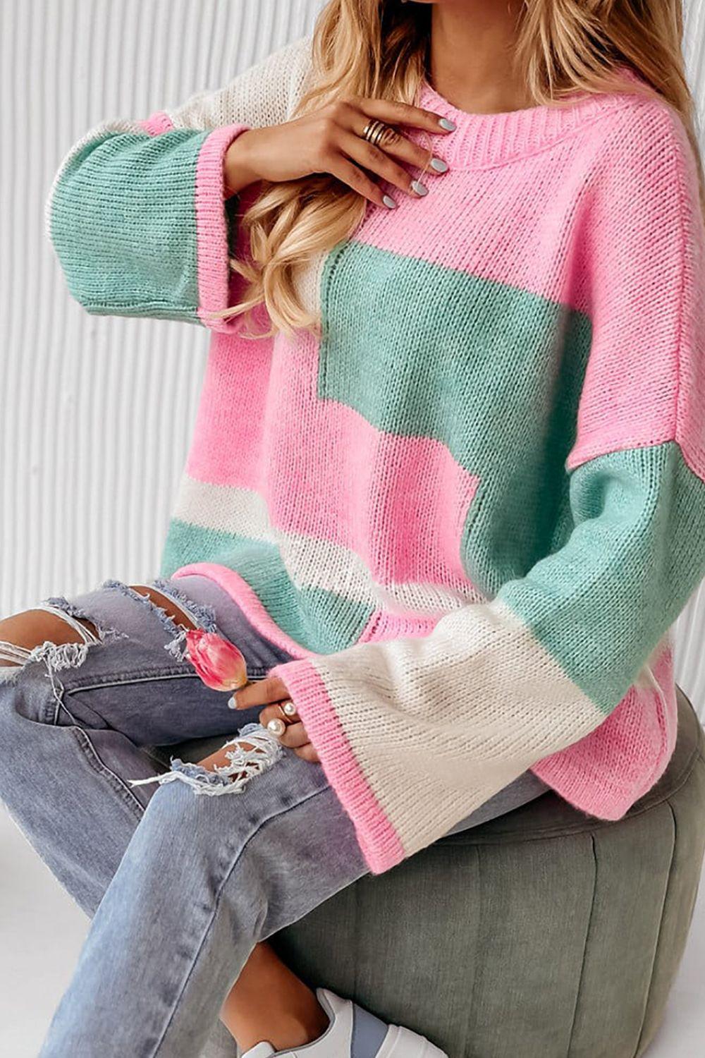 Color Block Round Neck Drop Shoulder Sweater - Trendy by Luna