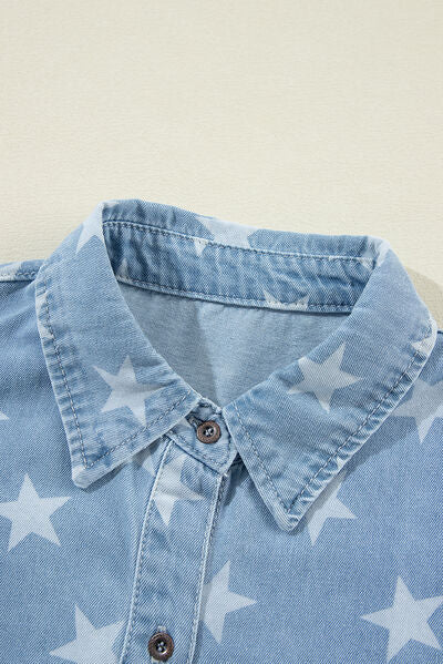 Raw Hem Star Collared Neck Denim Top - Trendy by Luna