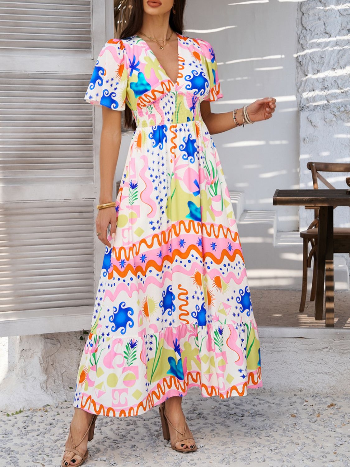 Smocked Printed V-Neck Short Sleeve Maxi Dress - Trendy by Luna