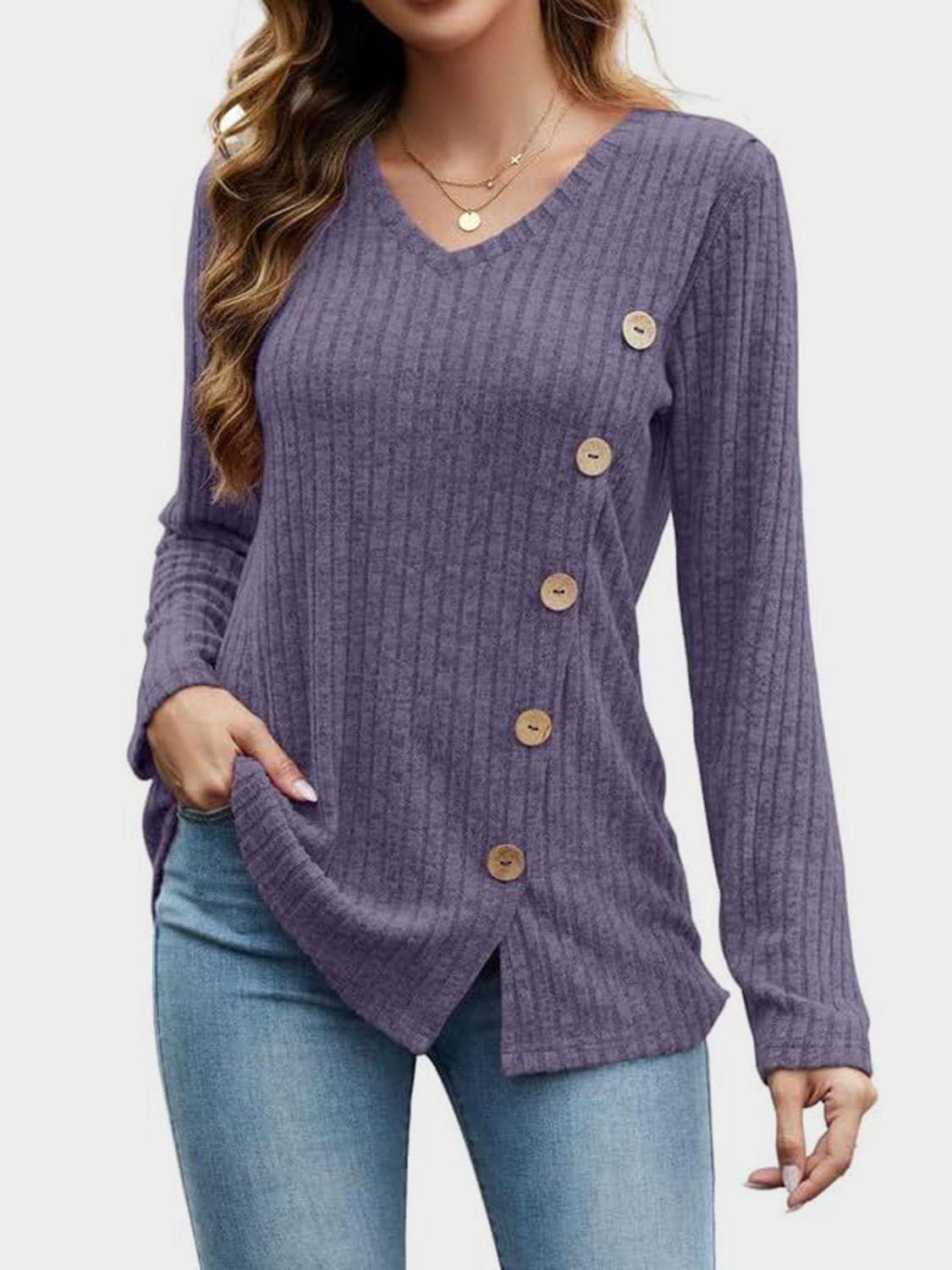 V-Neck Long Sleeve T-Shirt - Trendy by Luna