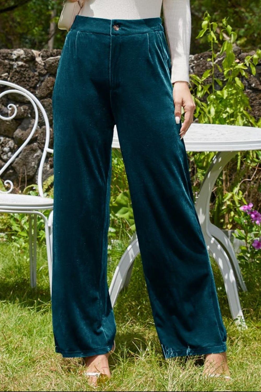 Velvet Wide Leg Pants with Pockets - Trendy by Luna