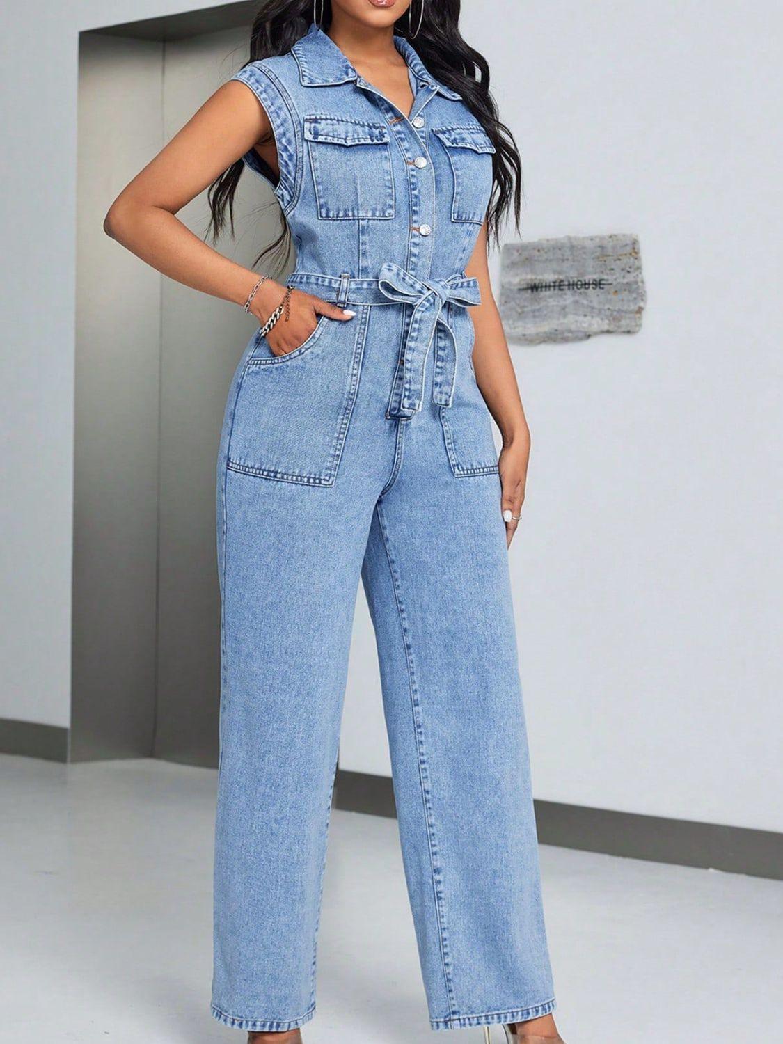 Tied Half Button Denim Jumpsuit with Pockets - Trendy by Luna