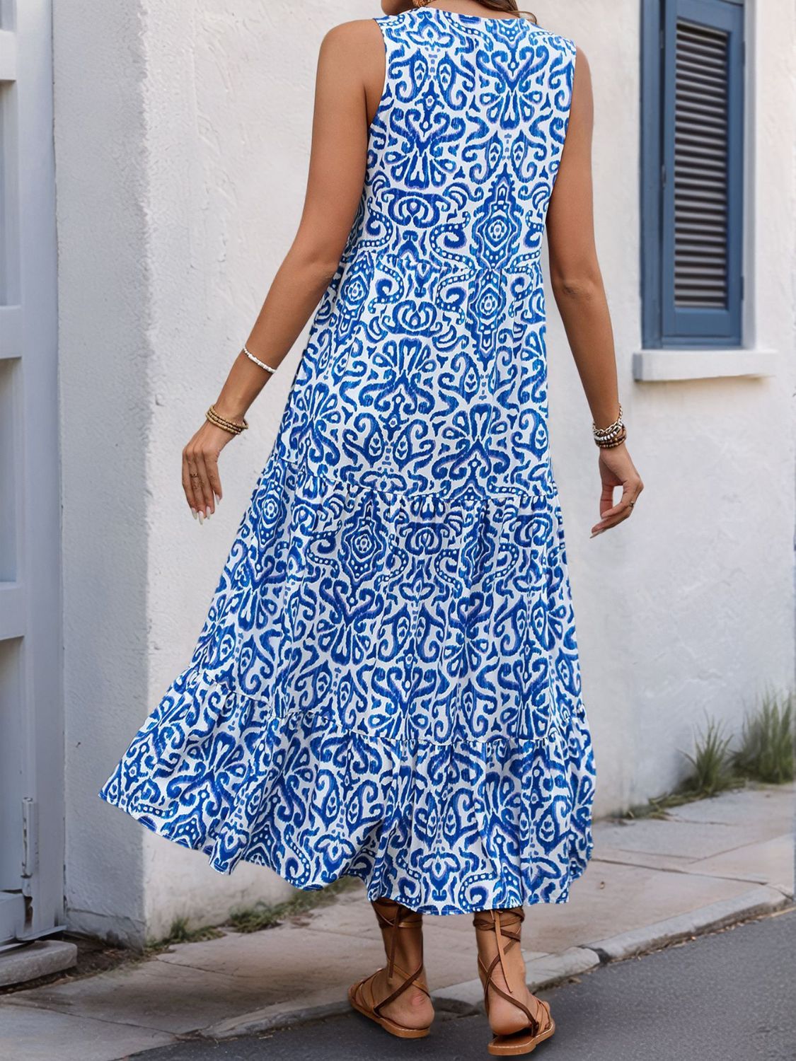 Decorative Button Printed Notched Sleeveless Midi Dress - Trendy by Luna