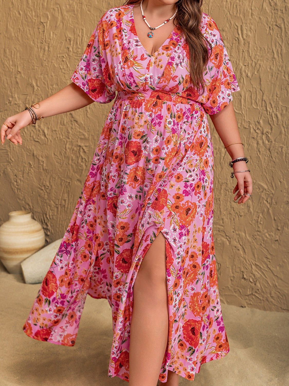 Plus Size Slit Floral V-Neck Half Sleeve Maxi Dress - Trendy by Luna