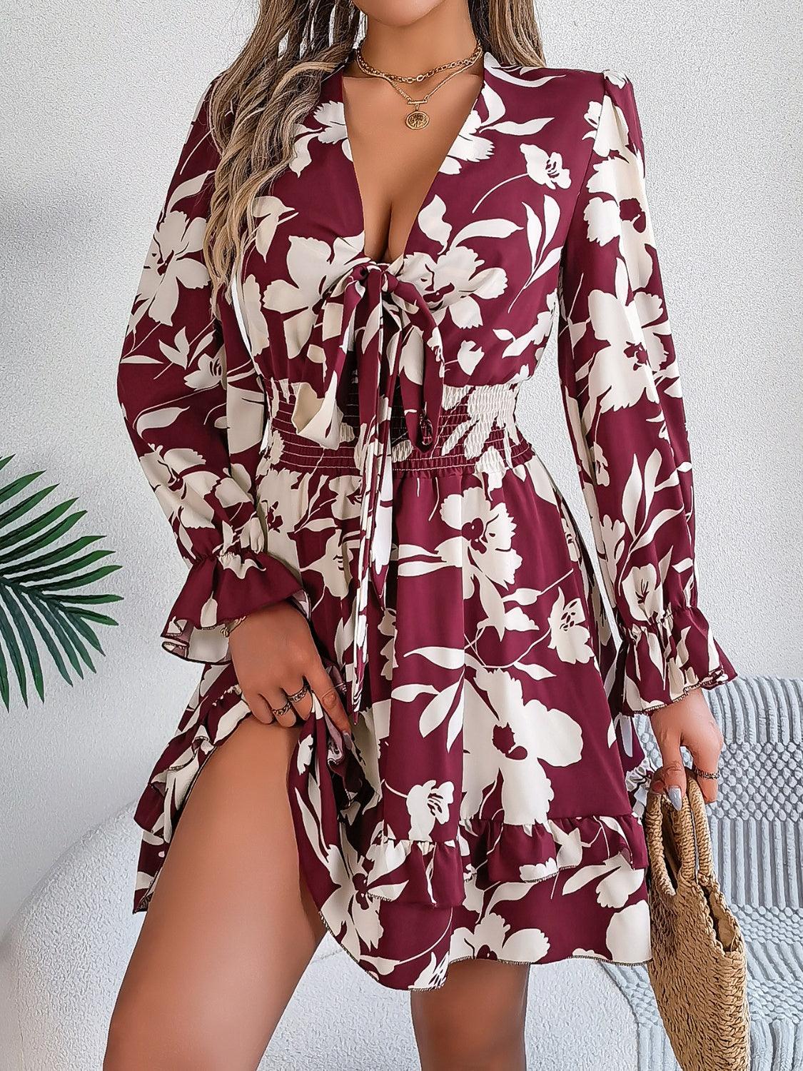 Tied Ruffled Printed Long Sleeve Dress - Trendy by Luna