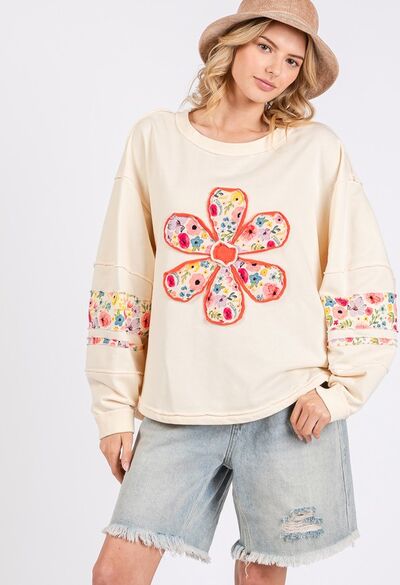 Daisy Patch Applique Long Sleeve Sweatshirt - Trendy by Luna