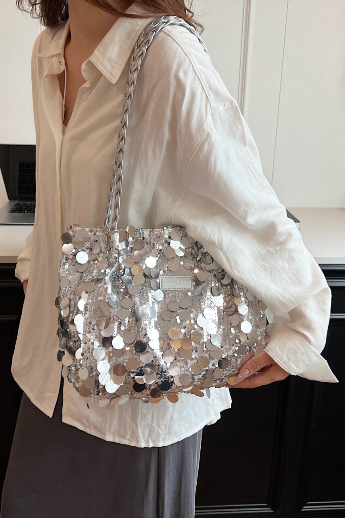 Sequin Braided Strap Shoulder Bag - Trendy by Luna