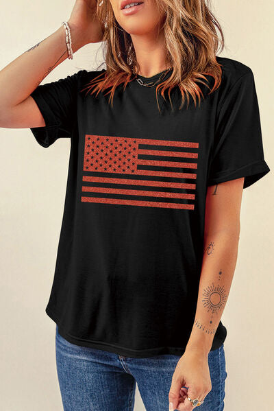 US Flag Round Neck Short Sleeve T-Shirt - Trendy by Luna