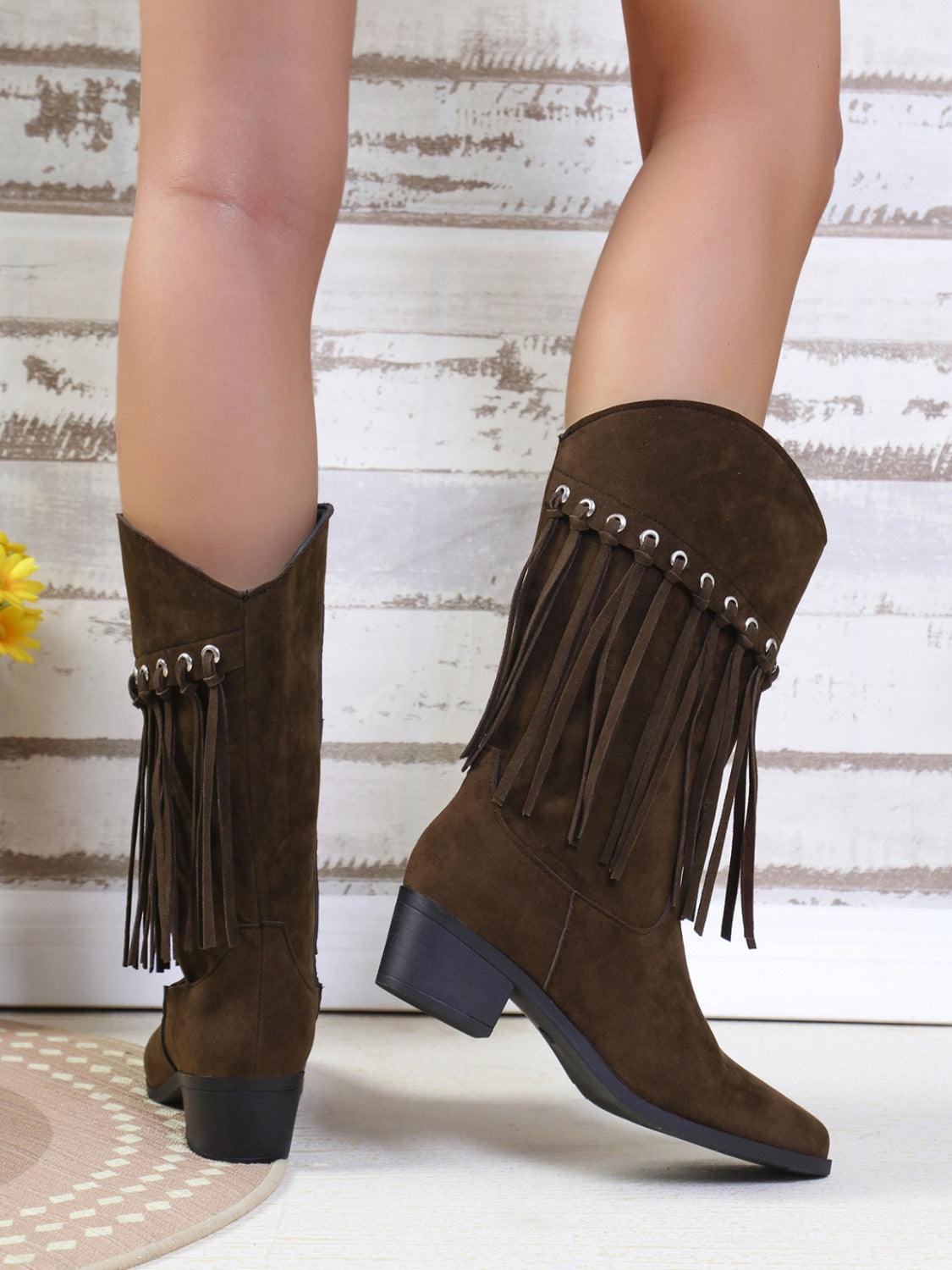 Fringe Suede Point Toe Block Heel Boots - Trendy by Luna