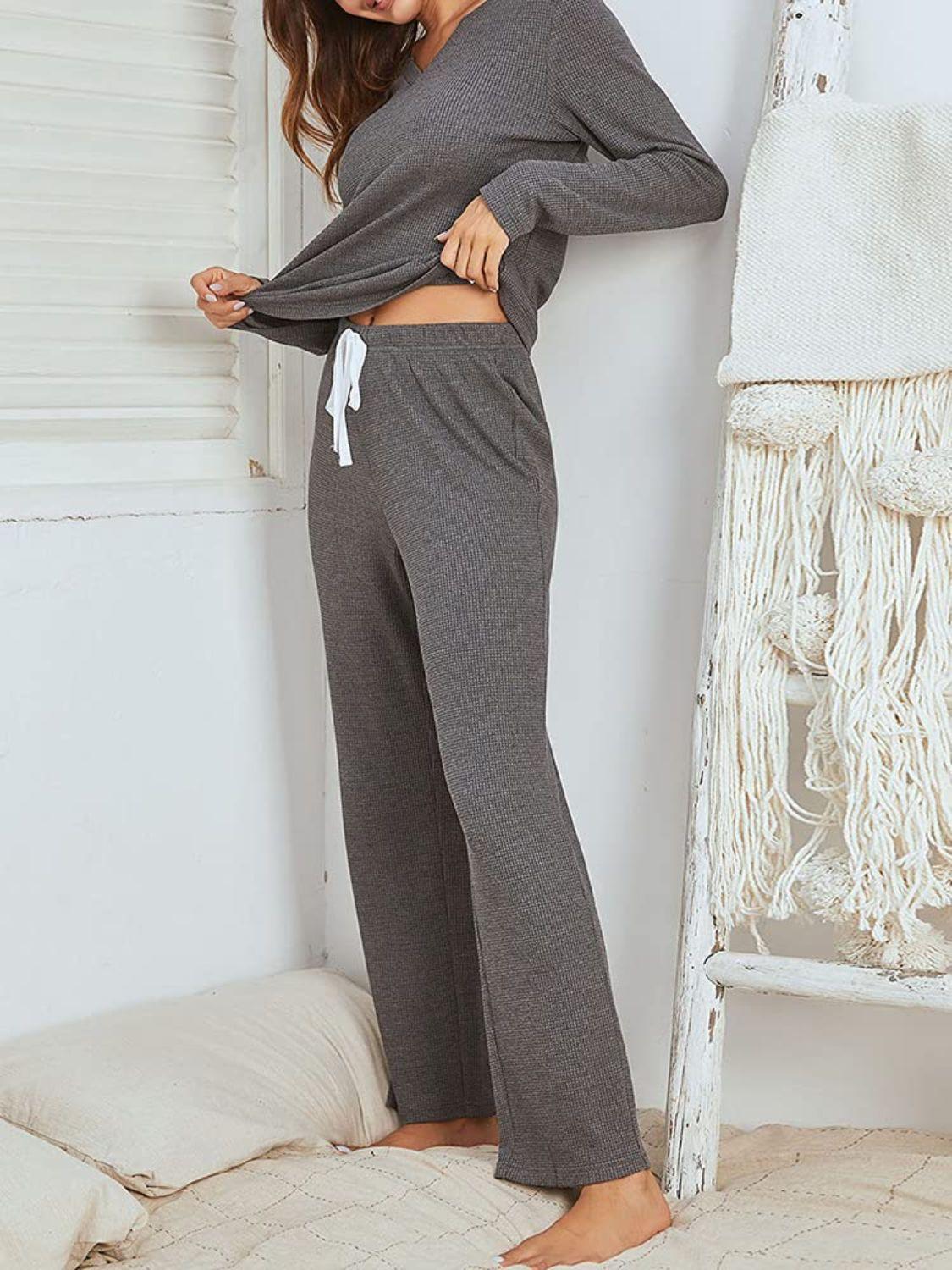 Notched Long Sleeve Top and Pants Set - Trendy by Luna