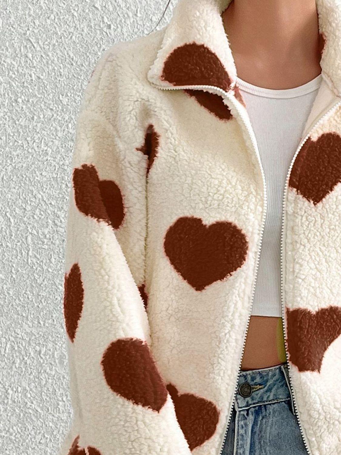 Heart Zip Up Drop Shoulder Furry Jacket - Trendy by Luna