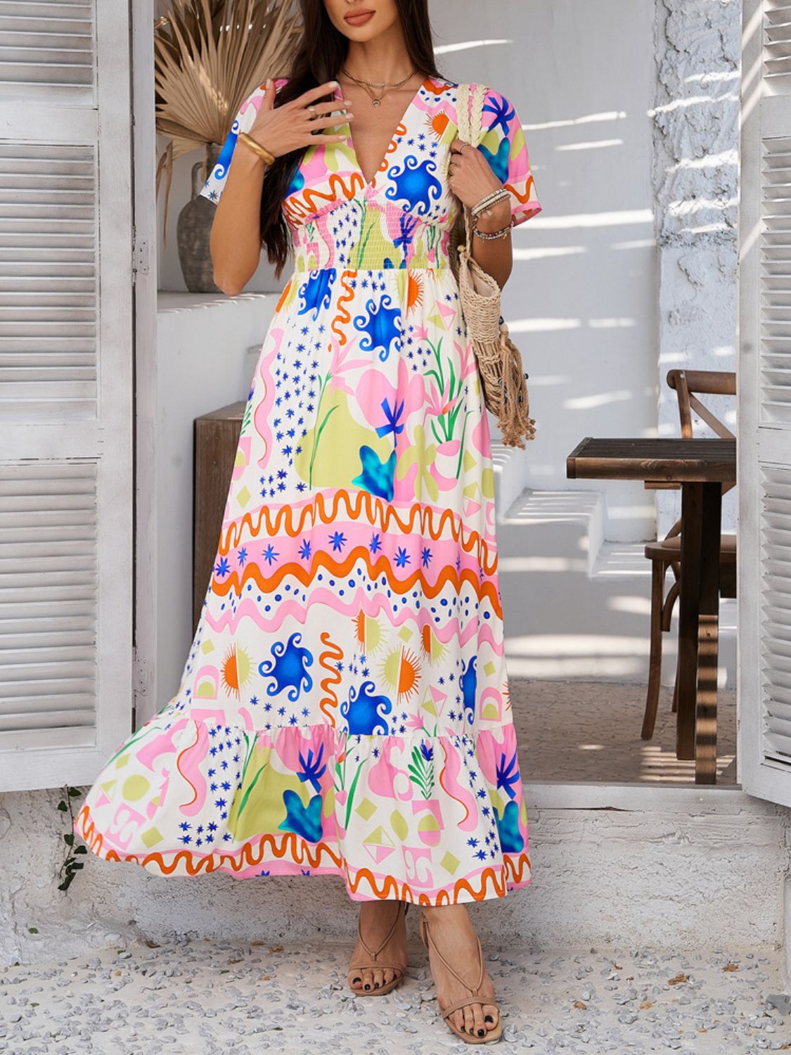 Smocked Printed V-Neck Short Sleeve Maxi Dress - Trendy by Luna