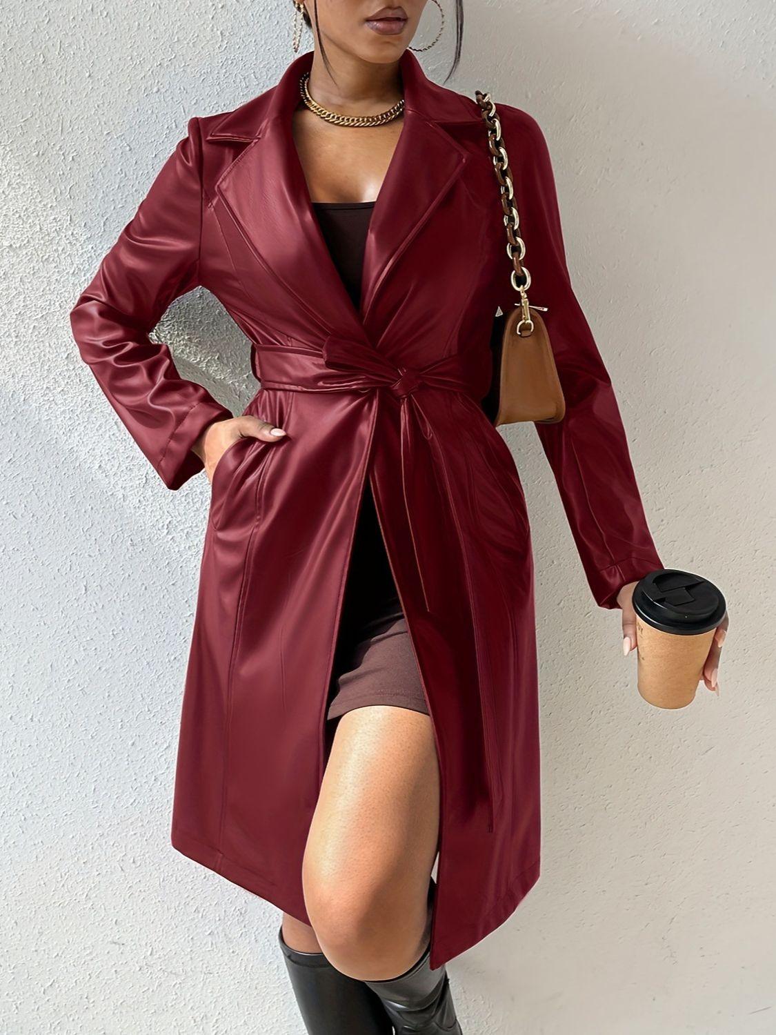 Tied PU Leather Long Sleeve Trench Coat - Trendy by Luna