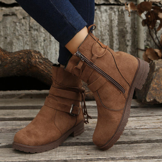 Suede Side Zip Round Toe Boots - Trendy by Luna