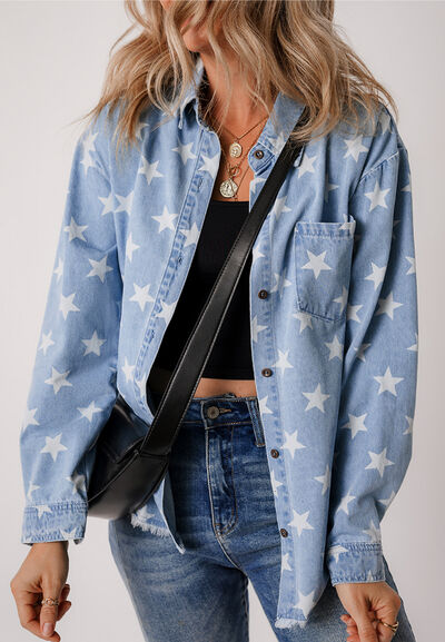 Raw Hem Star Collared Neck Denim Top - Trendy by Luna