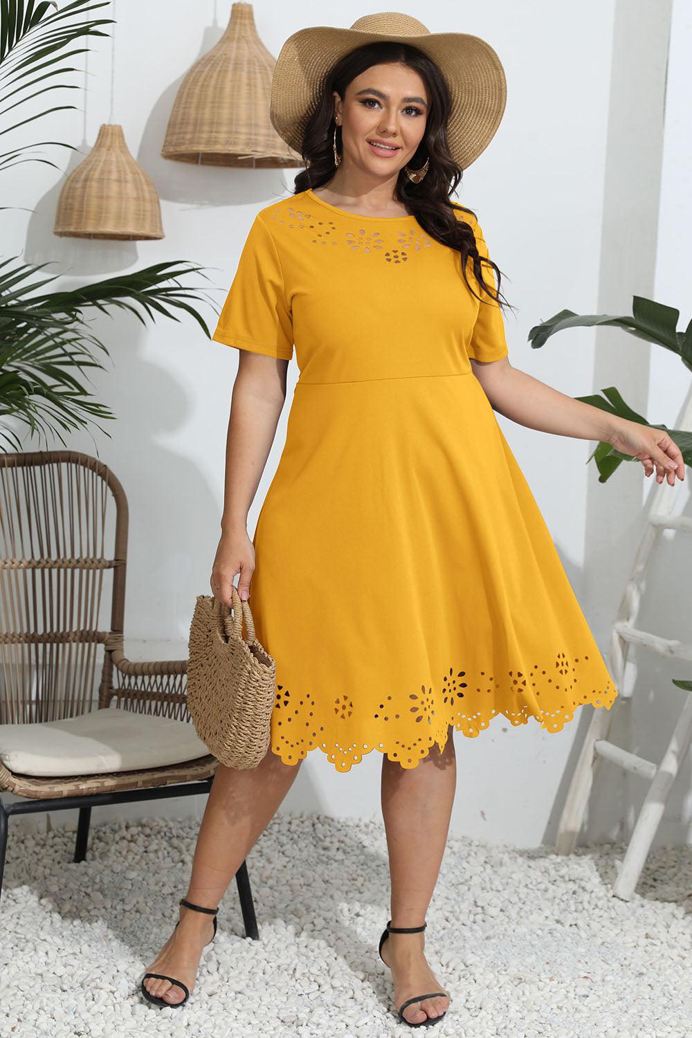 Plus Size Round Neck Openwork Dress - Trendy by Luna