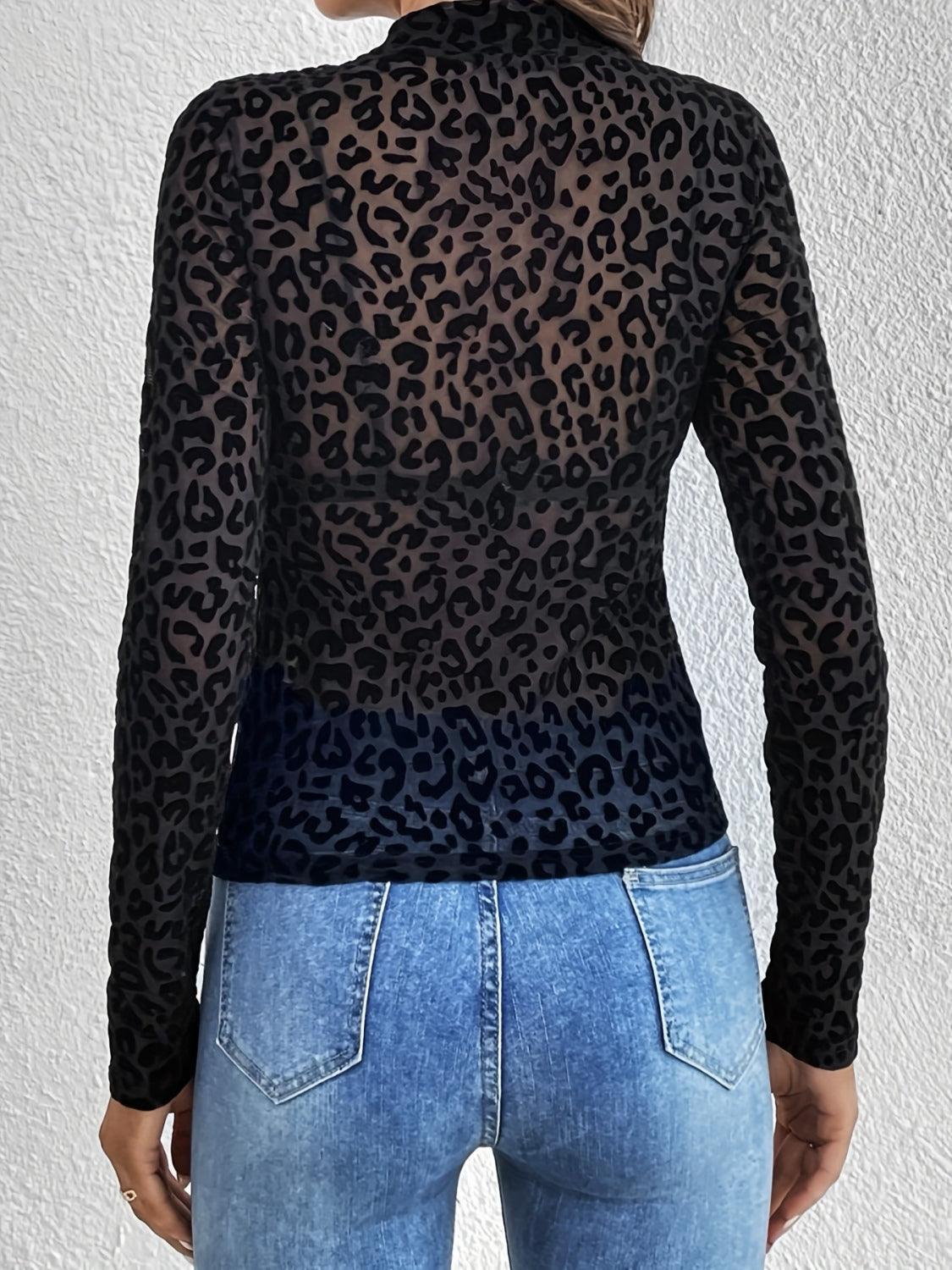 Leopard Mock Neck Long Sleeve Top - Trendy by Luna