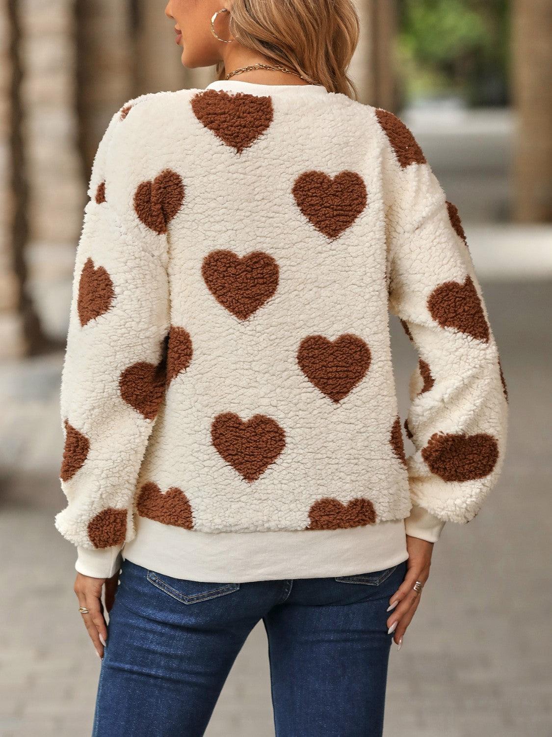 Fuzzy Heart Dropped Shoulder Sweatshirt - Trendy by Luna