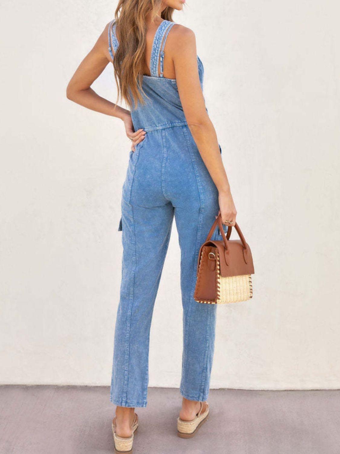 V-Neck Sleeveless Denim Jumpsuit - Trendy by Luna