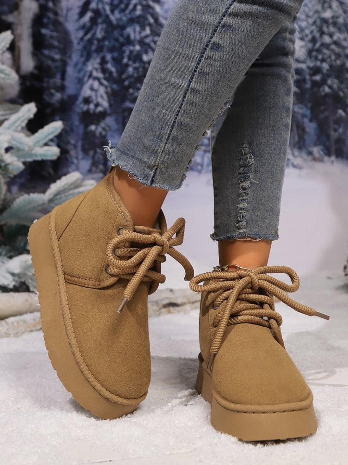 Lace Up Round Neck Platform Suede Boots - Trendy by Luna