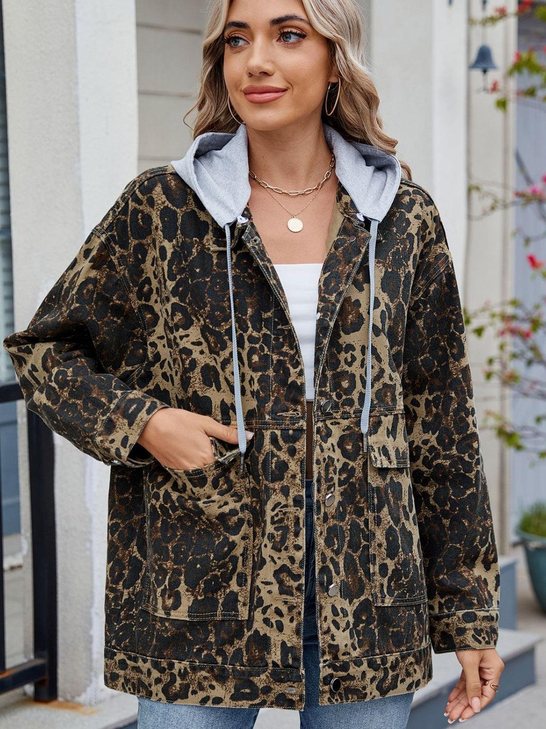 Leopard Button Up Drop Shoulder Denim Jacket - Trendy by Luna