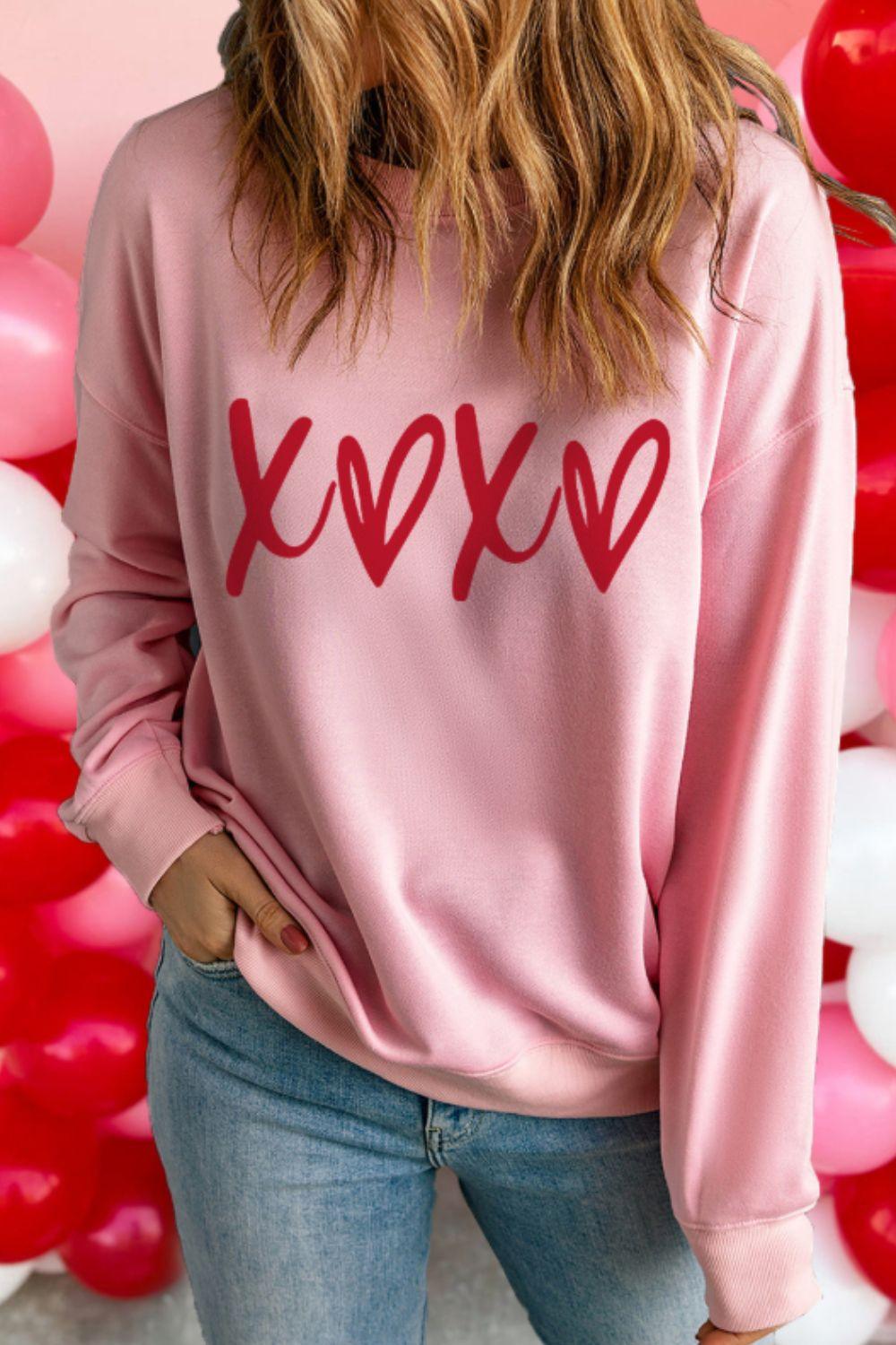 Valentine’s Day XOXO Round Neck Drop Shoulder Sweatshirt - Trendy by Luna