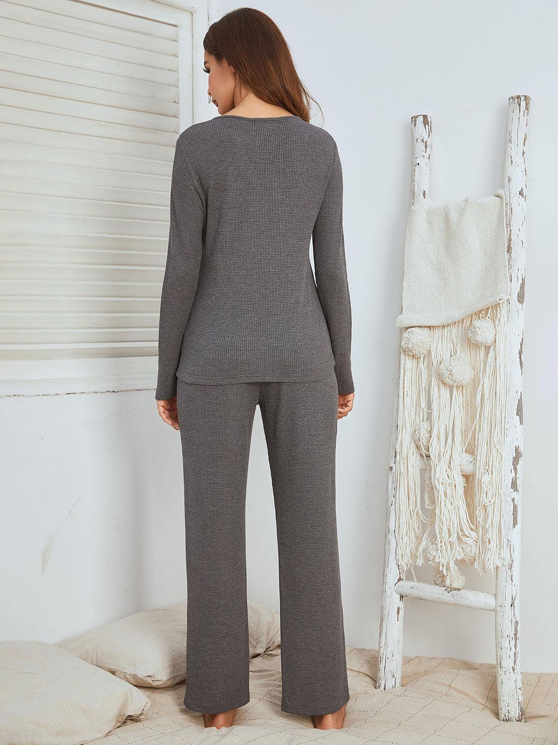 Notched Long Sleeve Top and Pants Set - Trendy by Luna