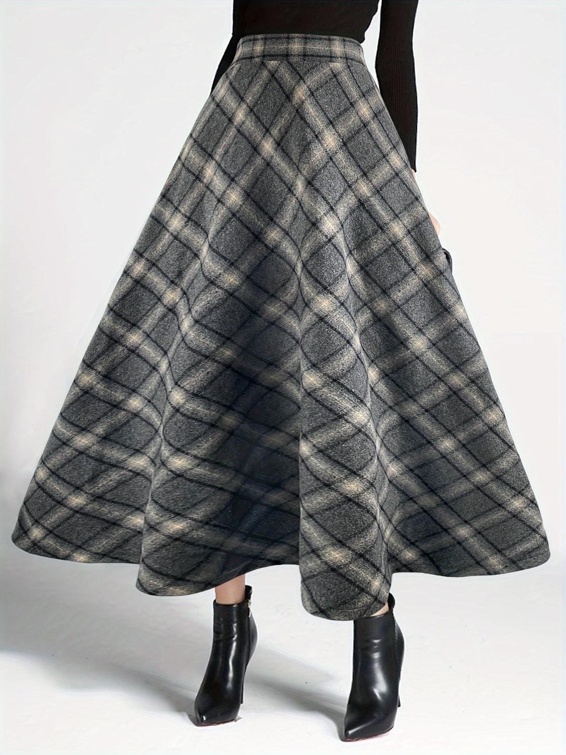 Plaid Elastic Waist Midi Skirt - Trendy by Luna