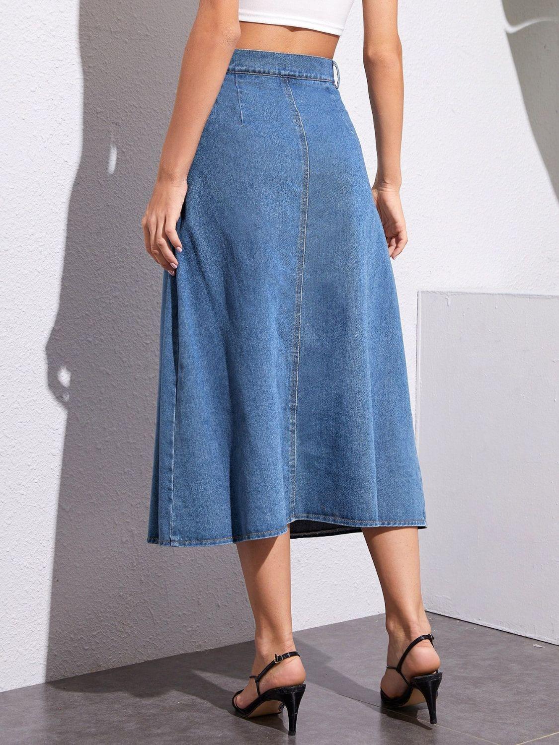 Buttoned Midi Denim Skirt with Pockets - Trendy by Luna