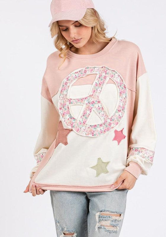 Peace & Star Patch Contrast Round Neck Sweatshirt - Trendy by Luna