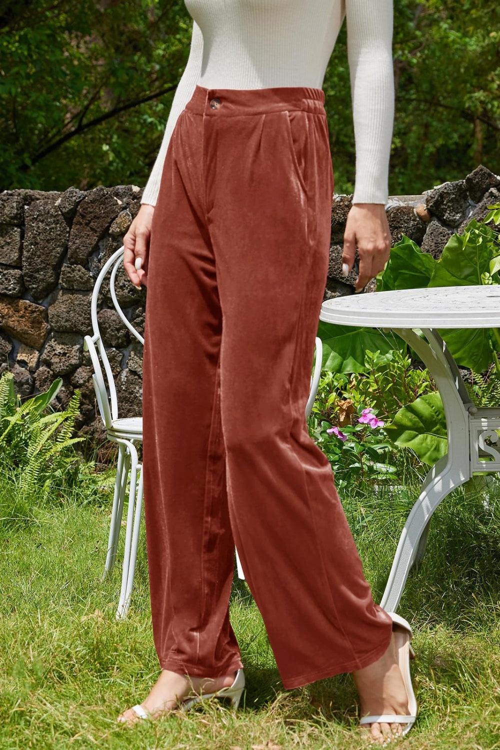 Velvet Wide Leg Pants with Pockets - Trendy by Luna