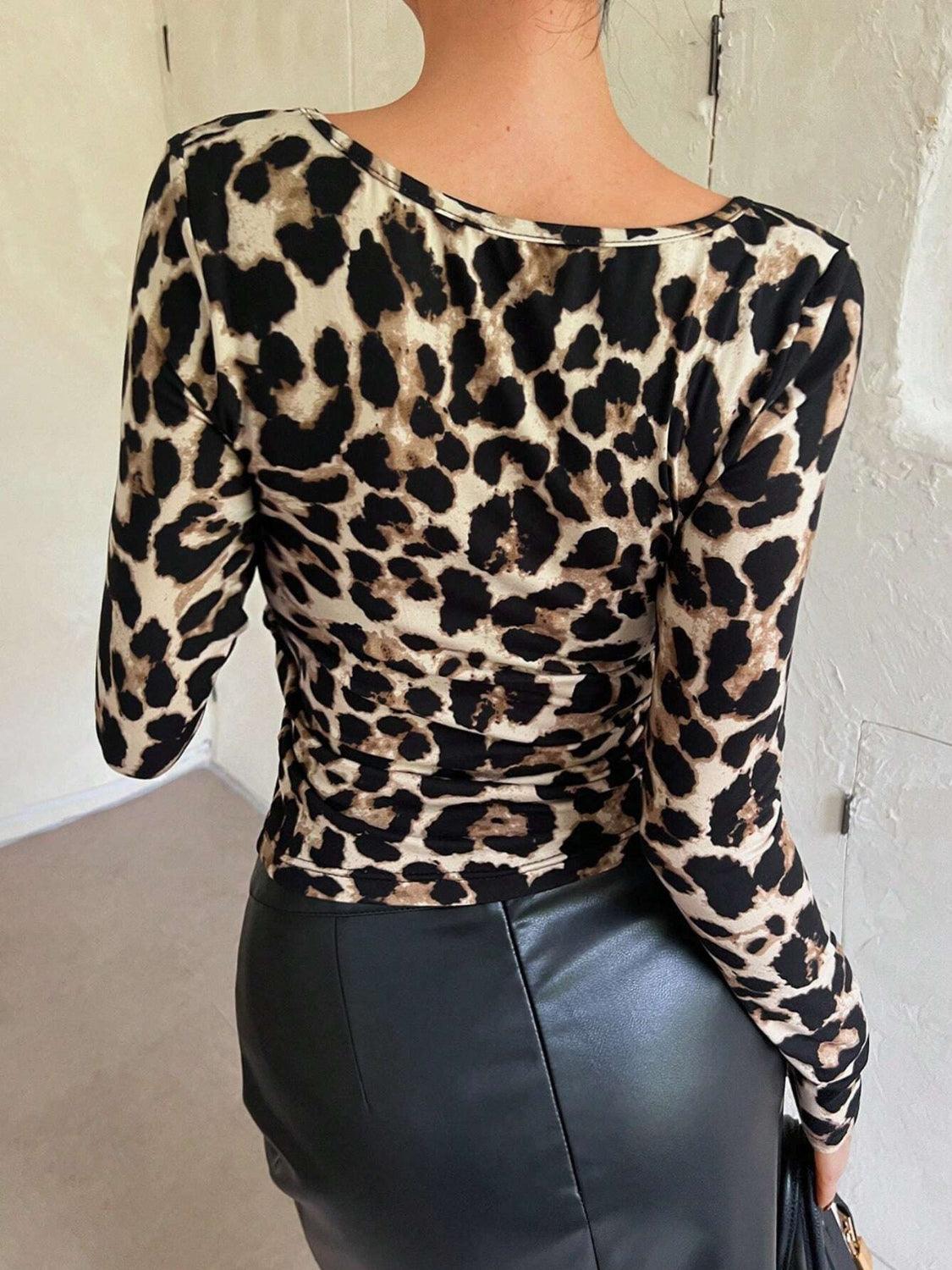 Leopard Scoop Neck Long Sleeve T-Shirt - Trendy by Luna