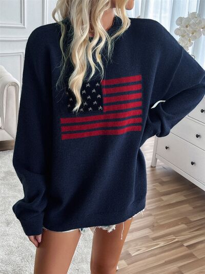 Devine US Flag Round Neck Long Sleeve Knit Top - Trendy by Luna