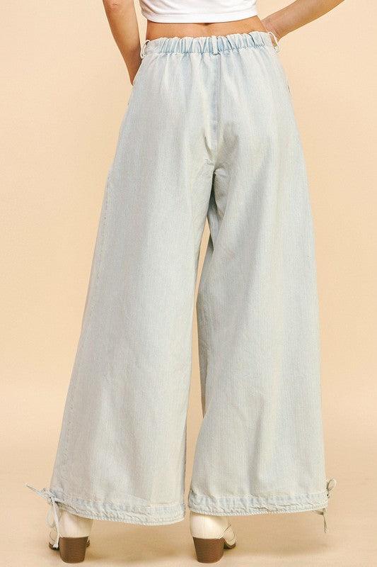 Drawstring Hem Wide Leg Mid Rise Jeans - Trendy by Luna