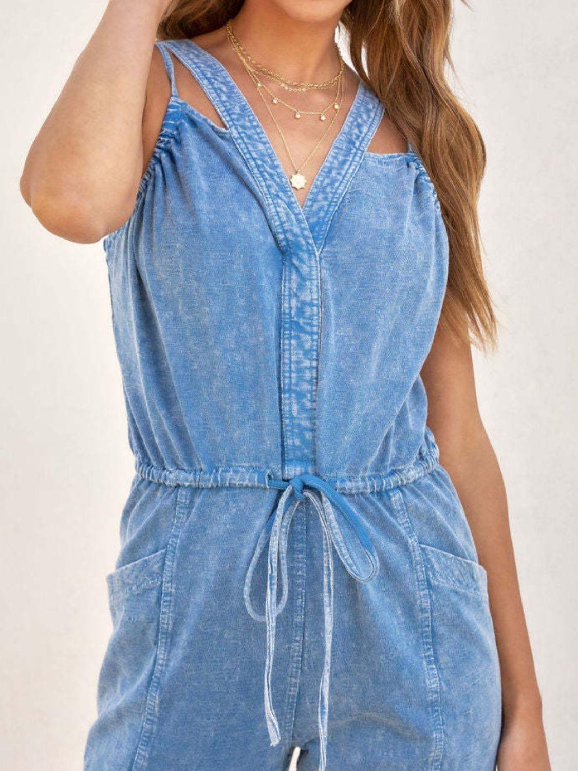 V-Neck Sleeveless Denim Jumpsuit - Trendy by Luna