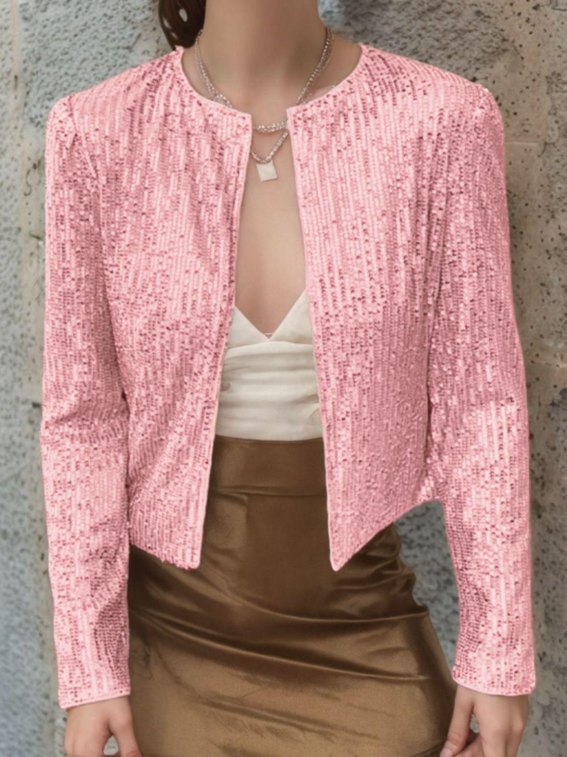 Full Size Sequin Open Front Cropped Jacket - Trendy by Luna