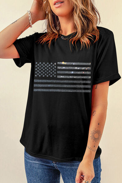 Rhinestone US Flag Round Neck Short Sleeve T-Shirt - Trendy by Luna