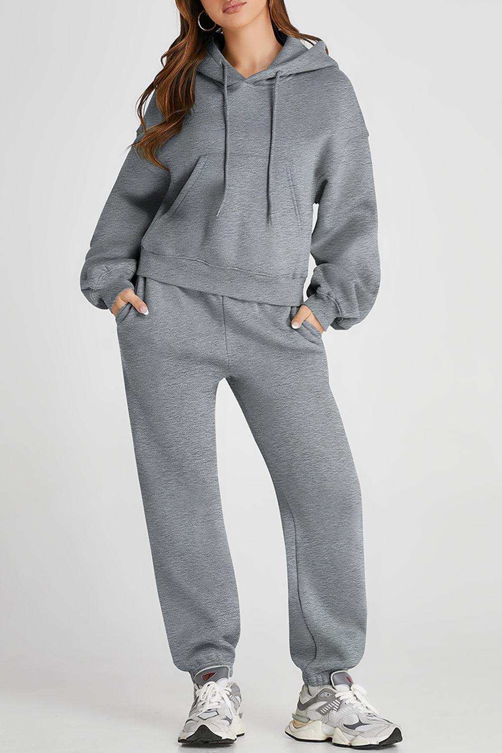 Dropped Shoulder Hooded Top and Pants Active Set - Trendy by Luna