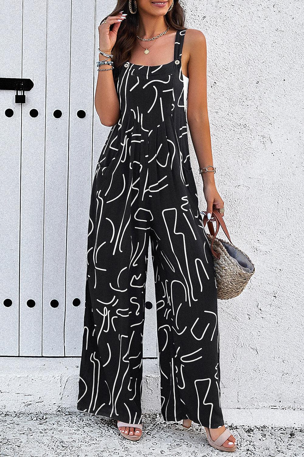 Printed Wide Strap Jumpsuit with Pockets - Trendy by Luna