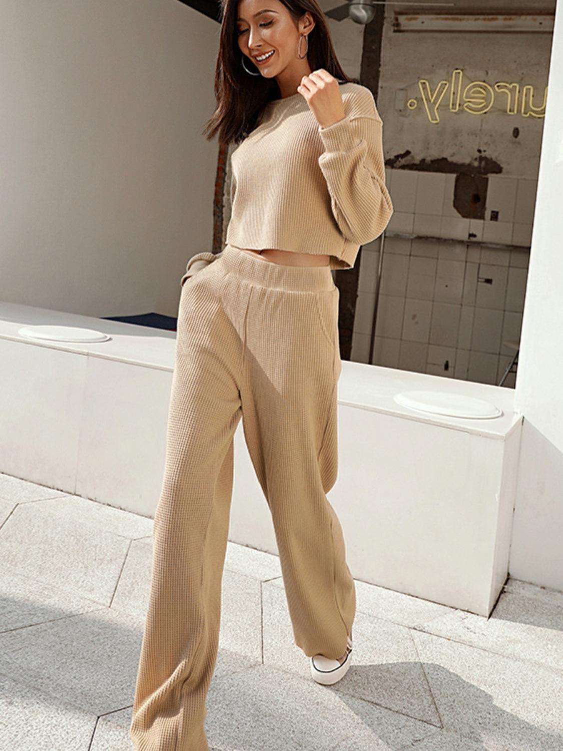 Waffle-Knit Round Neck Top and Pants Set - Trendy by Luna