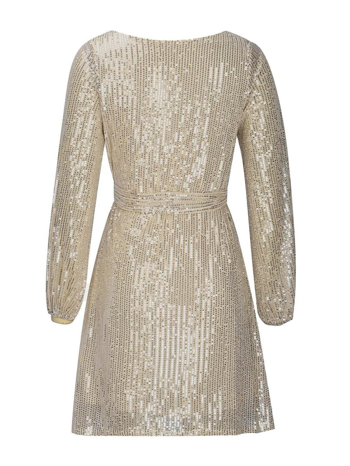 Sequin Tie Waist Long Sleeve Mini Dress - Trendy by Luna