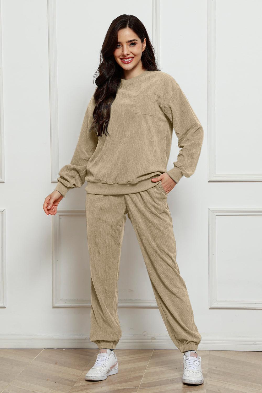 Corduroy Round Neck Sweatshirt and Sweatpants Set - Trendy by Luna