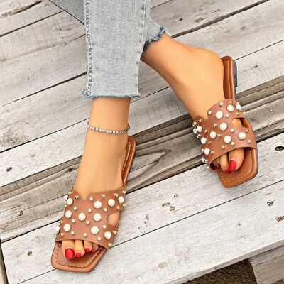 Pearl Detail Square Toe Flat Sandals - Trendy by Luna